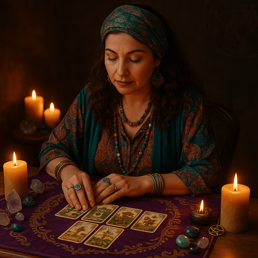 Cartomante jogando as cartas de Tarot