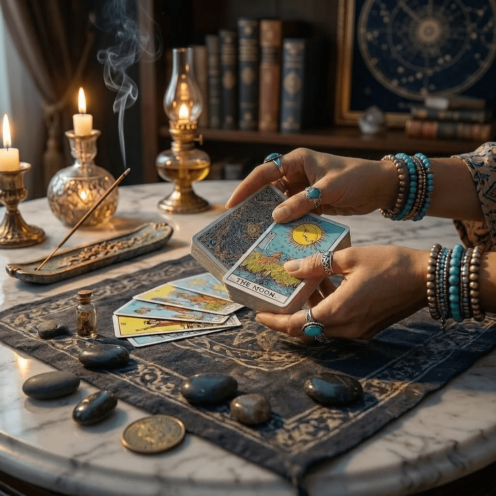 Hands holding tarot cards above a cloth on a tree stump in a forest setting with lanterns and stones